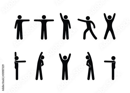 People are engaged in gymnastics, stick figure man is doing exercises, sport illustration, man icons isolated