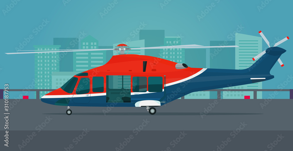 Helicopter with an open passenger door is on the take-off area on the roof of the building Vector illustration.