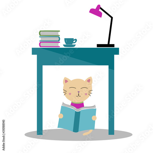 Hand drawn cat sitting under desk and reading book. Vector illustration on white background.