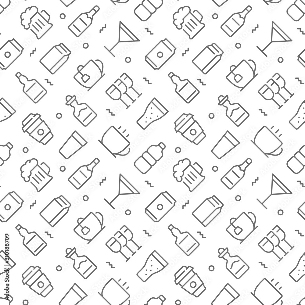 Beverages related seamless pattern with outline icons Beverages related seamless pattern with outline icons