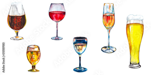 Set of alcohol drinks in glasses. Red, white, rose, liquor wines. Dark and light beer. Watercolor hand painted elements isolated on white background. photo