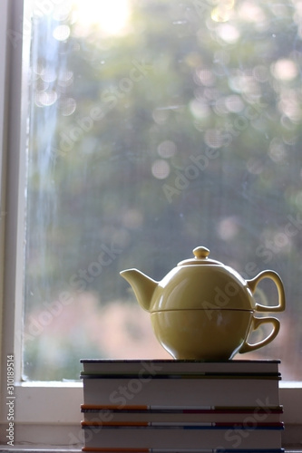 Yellow teapot and stack of books on a rustic window. Selective focus  view of garden in the background.