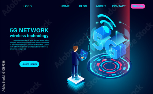 Banner 5G network wireless technology concept. Concept for technology and telecommunication. Isometric flat design vector illustration