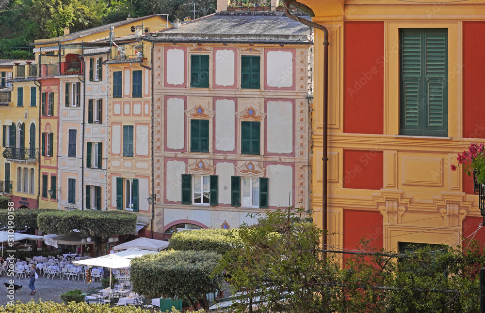 Italy , Liguria , Portfonino bay with port and colorful houses typical of Liguria