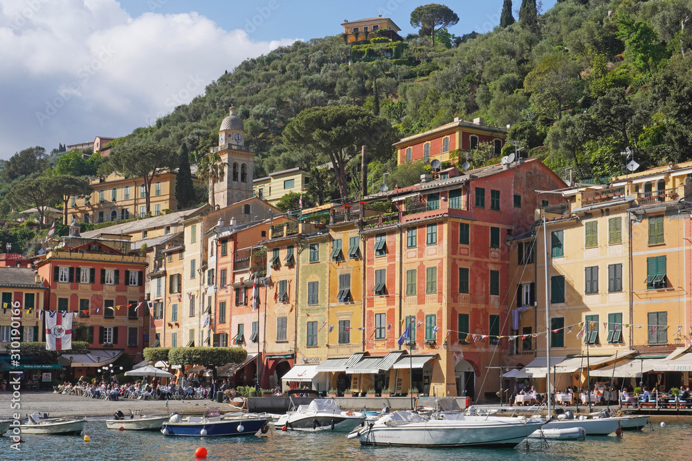 Italy , Liguria , Portfonino bay with port and colorful houses typical of Liguria