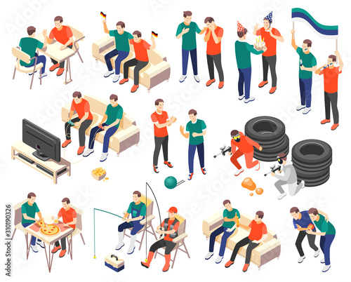 Male Friendship Isometric Icons Set
