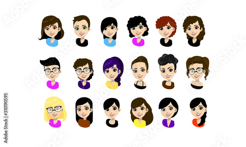 a large set of female faces. designer female face. different women's hairstyles.- vector