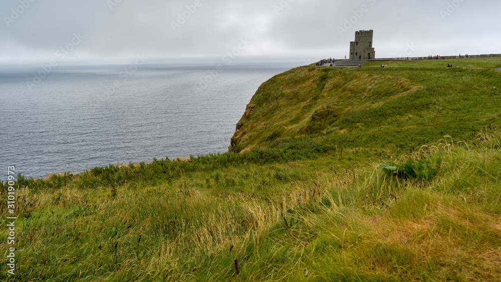 Tourists on cliff, Cliffs of Moher, Lahinch, County Clare, Ireland
