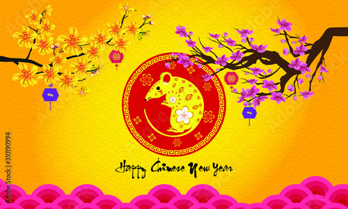 2020 Chinese New Year greeting card with rat silhouette, flowers.