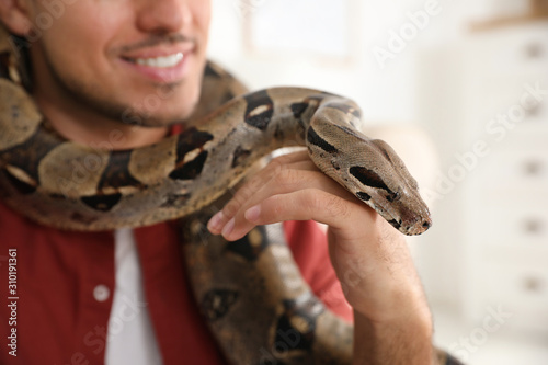 Obraz na płótnie Man with his boa constrictor at home, closeup. Exotic pet