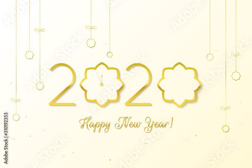 Happy New Year 2020. Gold Numbers Design of greeting card on a white background with clock Happy New Year Banner with 2020 Numbers with Christmas Baubles.