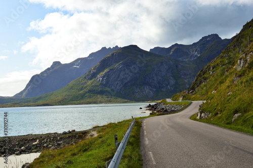 Hitchhiking on the road on Lofoten Islands in Norway