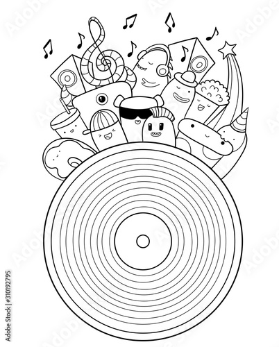 Musical doodle illustration.  Vinyl record with kawaii creatures music lovers, cute monsters and food. Music festival. Pattern for coloring page or design print. Easy change color inside of objects.