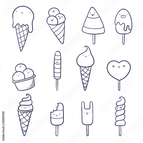 Set of cute kawaii ice cream in doodle style. Various ice cream in waffle. Easy to change colors inside of objects.