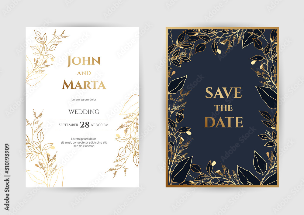Wedding Invitation with Gold Flowers. background with geometric golden frame. Cover design with an ornament of golden leaves.Trendy templates for banner, flyer, poster, greeting. eps10 Wedding Invitation with Gold Flowers. background with geometric golden frame. Cover design with an ornament of golden leaves.Trendy templates for banner, flyer, poster, greeting. eps10