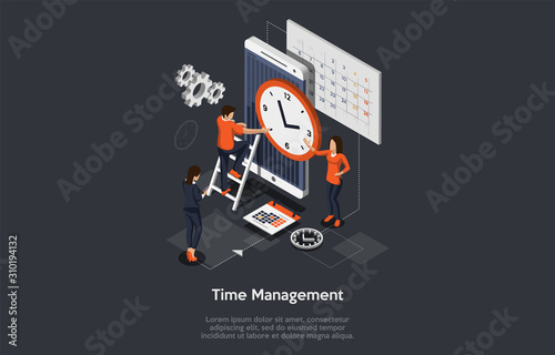 Isometric effective time management concept. Business people are planning and organizing working time, deals deadlines, achieve goals. Vector illustration © Intpro