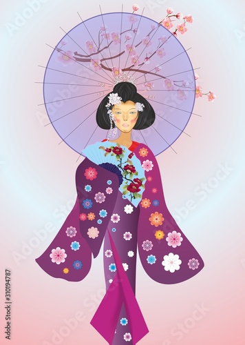 composition with a Japanese woman wearing traditional Japanese dress