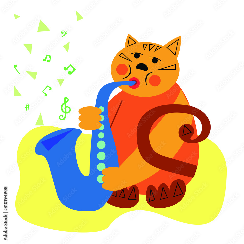 Fototapeta premium Cat plays on saxophone vector illustration. Hand drawn cartoon style.