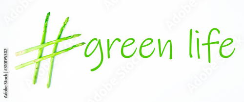 conceptual idea green life  hashtag made of asparagus  healthy food  green food  hashtag health.