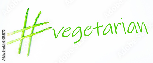 conceptual idea vegetarian, hashtag made of asparagus, healthy food, green food, hashtag health.