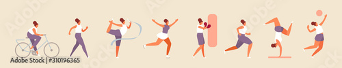 Woman character is training different types of sports. Bike, walking and running, gymnastics, volleyball, boxing