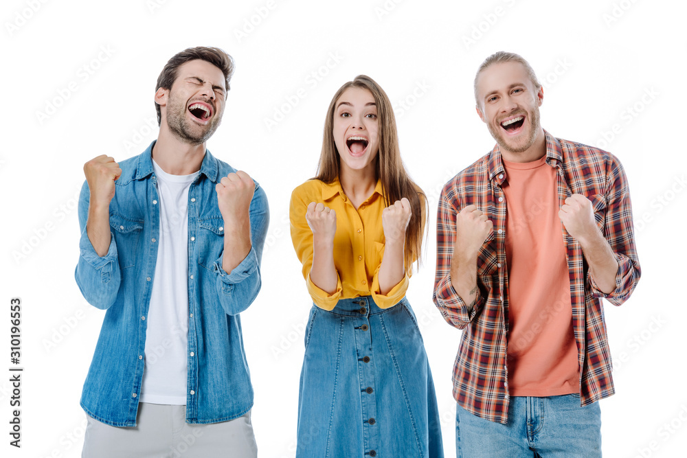 Obraz premium happy young friends showing yes gesture isolated on white