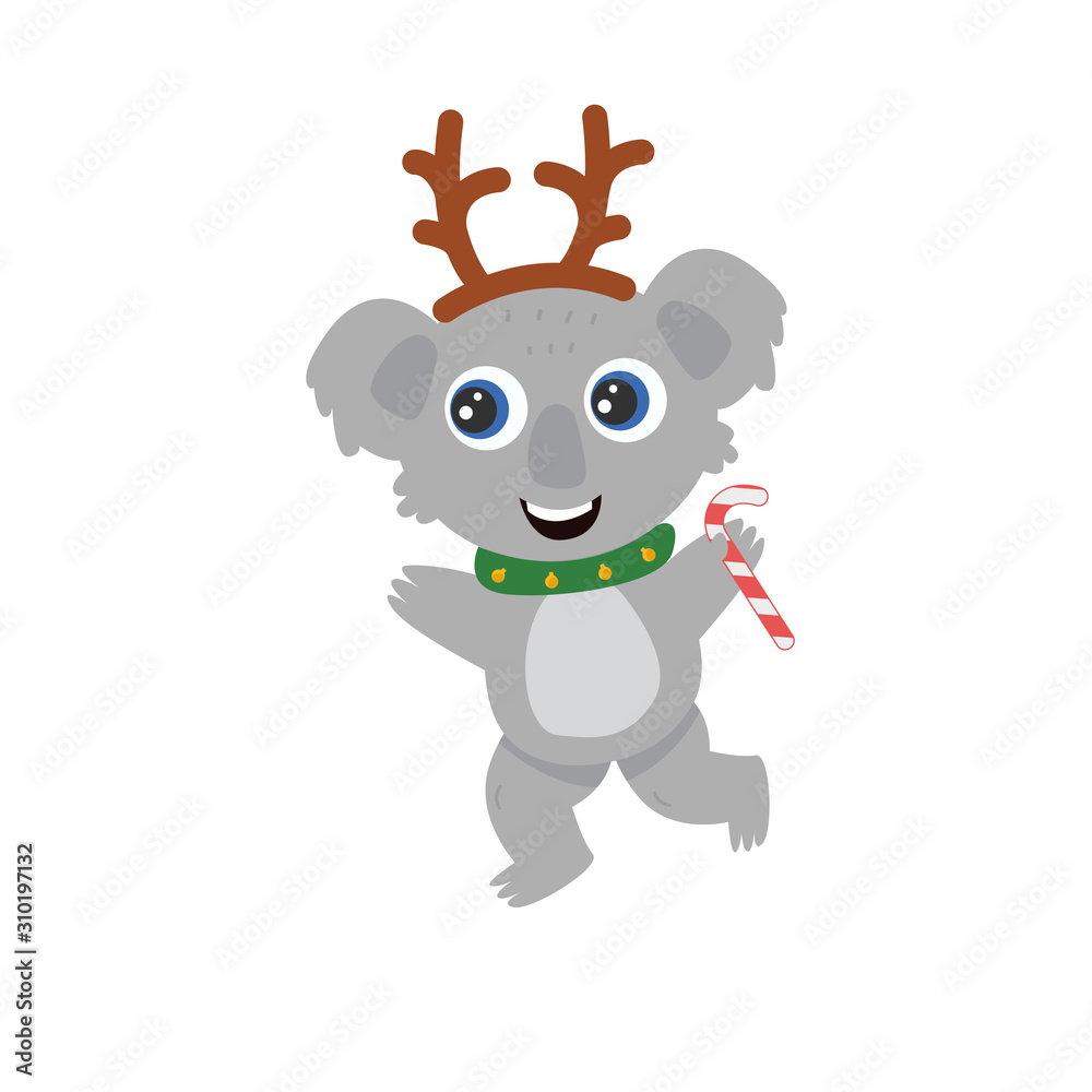 Fototapeta premium Cute Australian koala wombat with big eyes in a deer costume with a lollipop smiles and dances. New Year flat vector cartoon illustration.