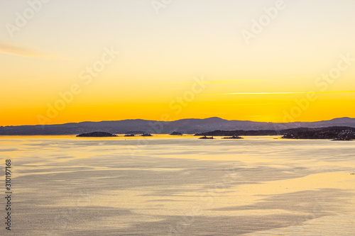 Oslofjord and Oslo cityscape at sunset, Norway