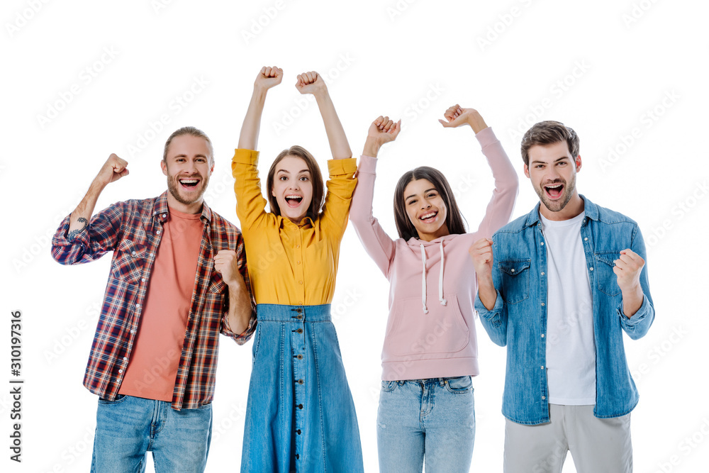 Obraz premium happy multicultural friends showing yeah gesture isolated on white