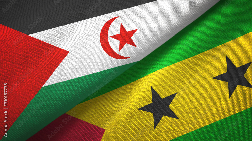 Fototapeta premium Western Sahara and Sao Tome and Principe two flags textile cloth, fabric texture