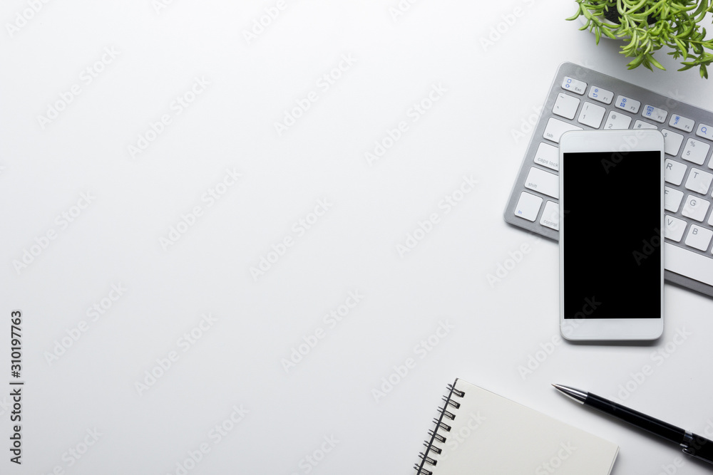 Office desk table with supplies. Flat lay Business workplace and objects. Top view. Copy space for text Office desk table with supplies. Flat lay Business workplace and objects. Top view. Copy space for text