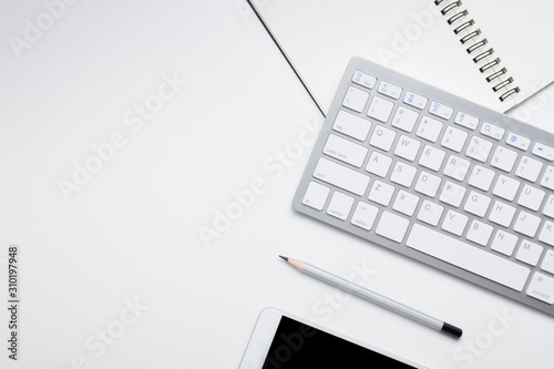 Office desk table with supplies. Flat lay Business workplace and objects. Top view. Copy space for text