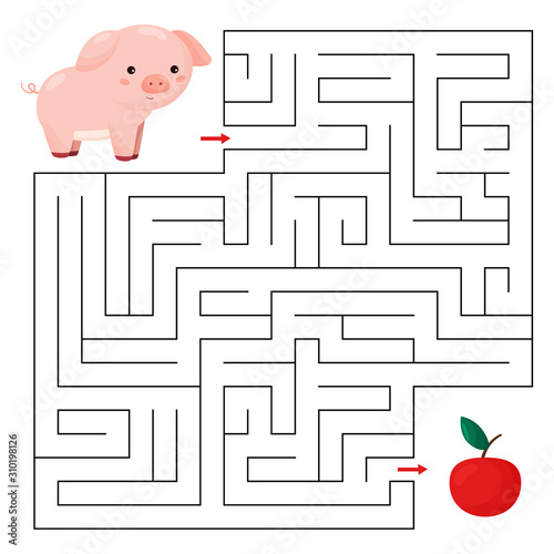 Educational maze game for children. Help the pig find right way to the apple. Cute cartoon character. Farm animals.