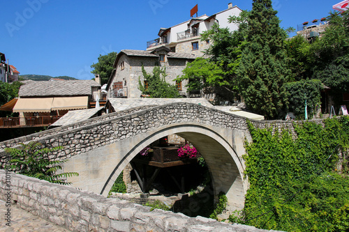 View of the Crooked Bridge (Kriva Cuprija) in historic Mostar, Bosnia and Herzegovina