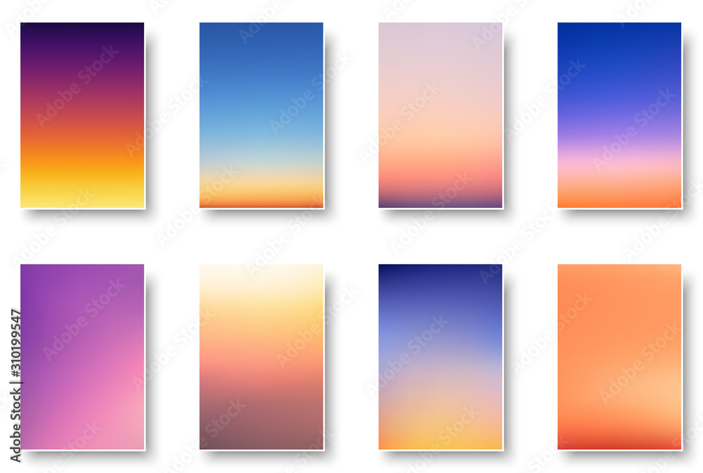 Fototapeta Zestaw kolorowe morze zachód i wschód słońca. Niewyraźne nowoczesne karty papieru w tle siatki gradientu.