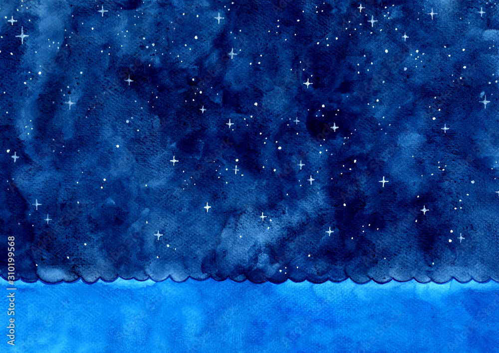 Ocean wave and night sky among the star watercolor hand painting ...