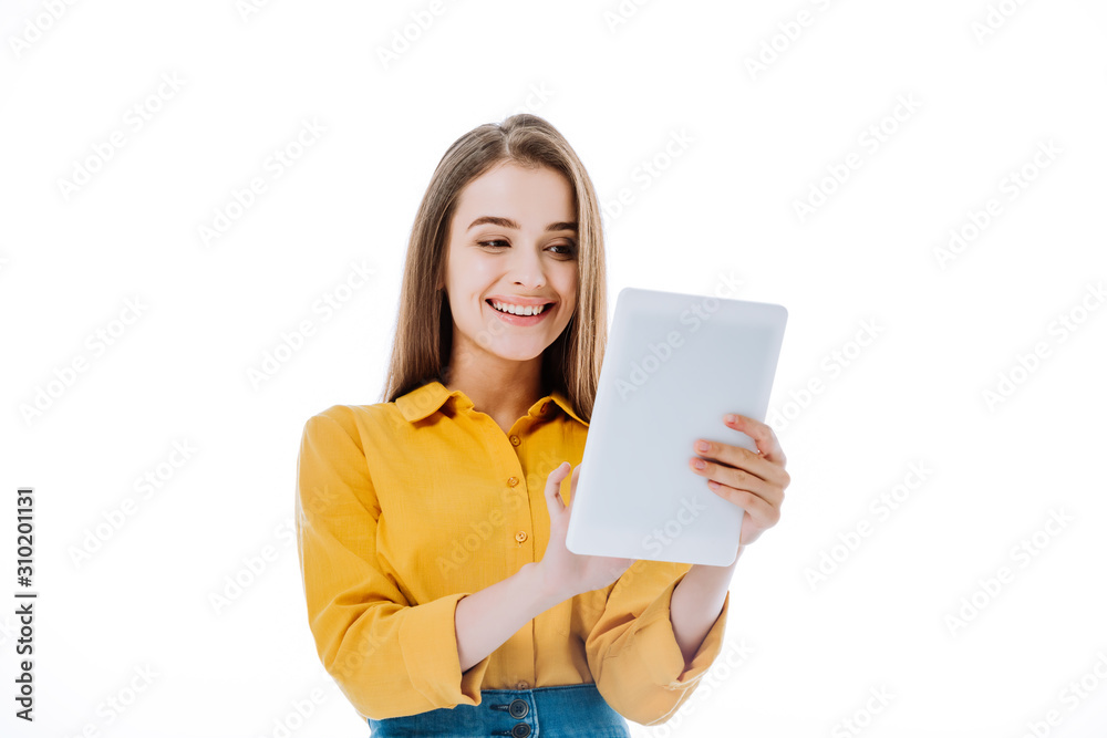 smiling attractive girl using digital tablet isolated on white smiling attractive girl using digital tablet isolated on white