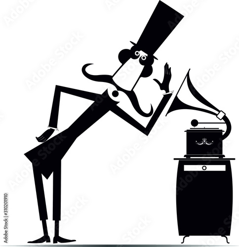 Man and retro record player illustration. Funny mustache man in the top hat is listening to music by vintage record player isolated on white