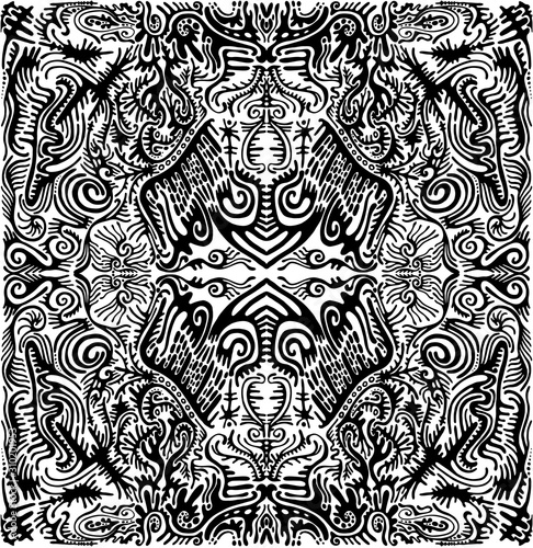 Black and white artistic ornament mandala with fantasy abstract forms. Vector fantastic coloring illustration