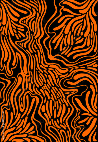 Abstract artistic lines, spots orange color, isolated on a black background. Doodle style.