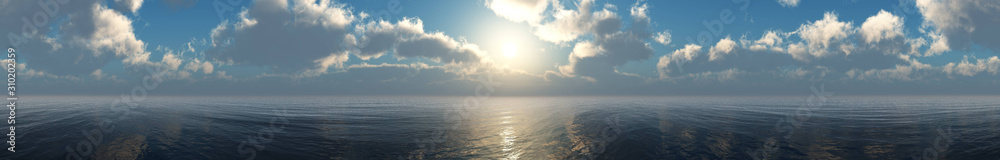 Beautiful panorama of sea sunset, sky with clouds over the water, 3D rendering.