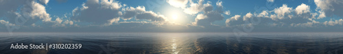Beautiful panorama of sea sunset, sky with clouds over the water, 3D rendering. © ustas