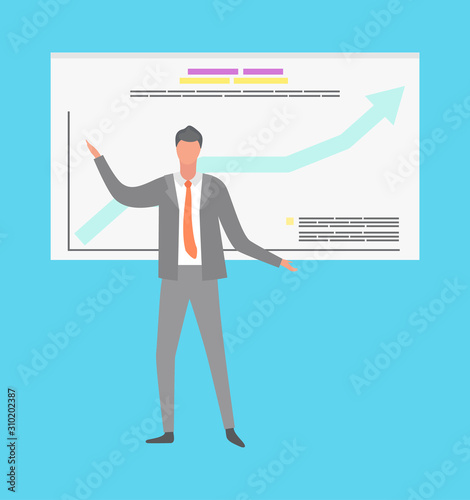 Whiteboard with infographics rising arrow vector. Male wearing formal suit, talking about conducted research, businessman giving presentation on meeting