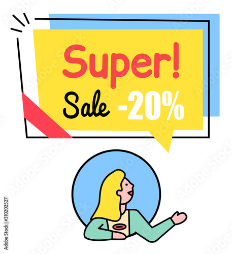 Super sale with discounts, 20 percent off. Happy woman alone in bubble under colorful label. Geometric promotion tag with designed caption. Vector illustration of person near advert in flat style