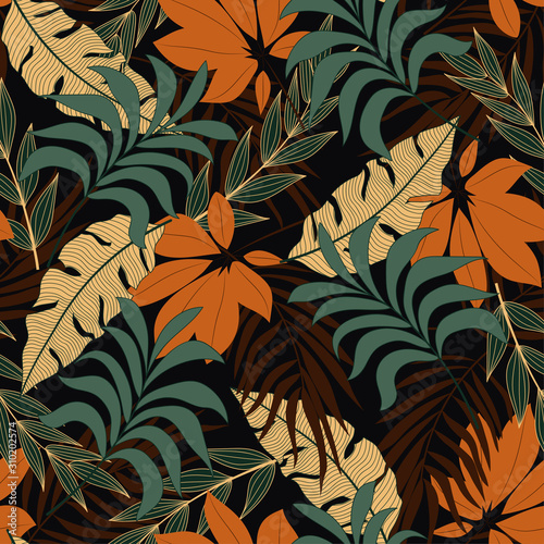 Summer seamless tropical pattern with bright orange and blue plants and leaves on a dark background. Beautiful seamless vector floral pattern. Exotic jungle wallpaper.