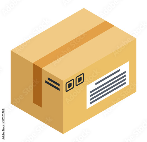 Cube shaped carton box, postal parcel. Cardboard package with purchase inside, delivering order to receiver. Brown object with label isolated on white background. Vector illustration in flat style