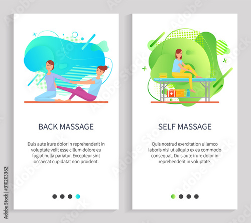 Back and self massage, women characters massaging, females sitting on floor or table, doing acupressure or stretching therapy, masseuse vector. Website or slider app, landing page flat style