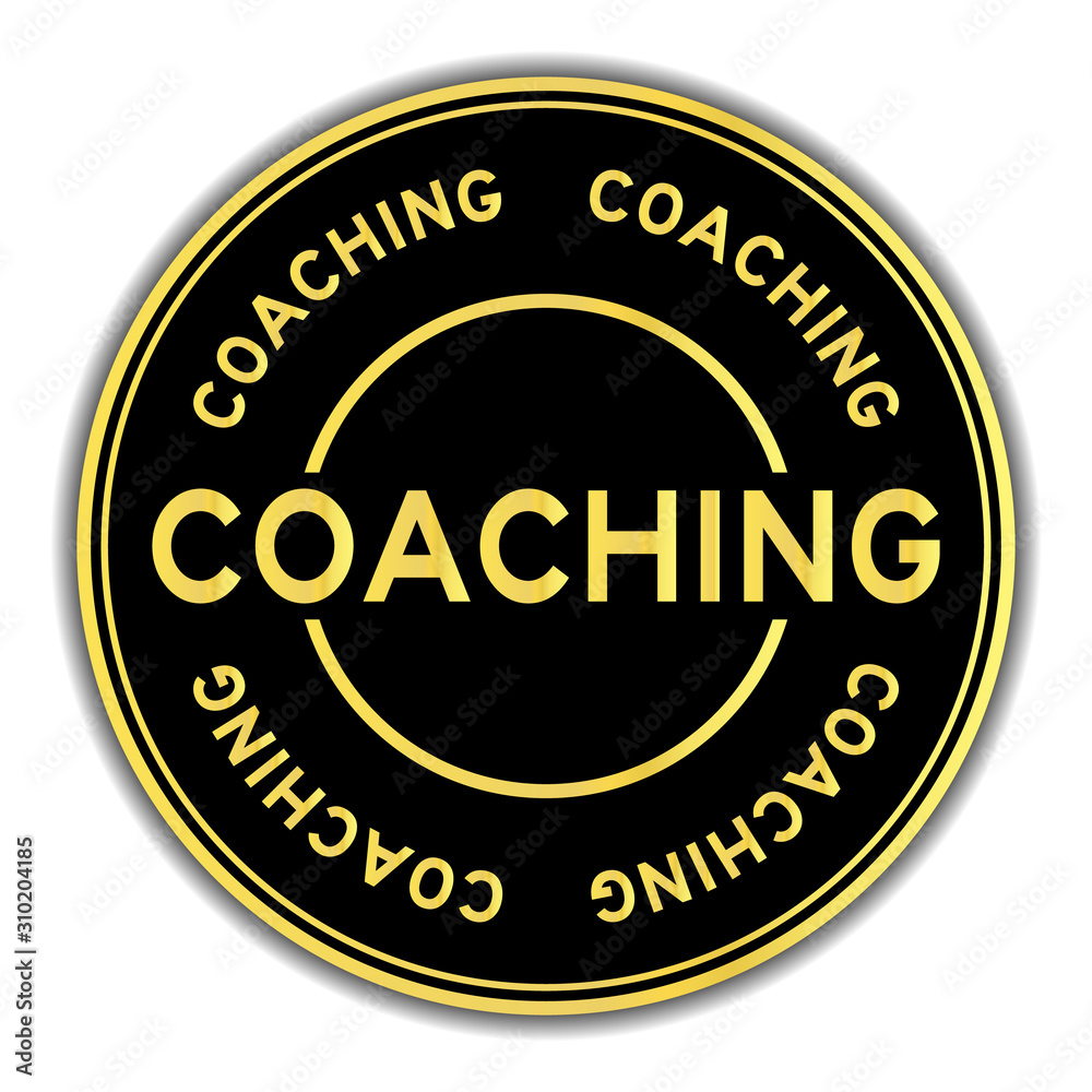 Gold color coaching word round sticker on white background
