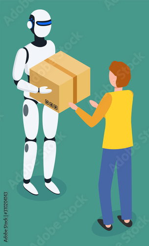 Parcel delivery innovative technology with robot character holding cardboard box. Machine giving parcel to person. Company modern transportation tech with automatic wireless device and pack vector