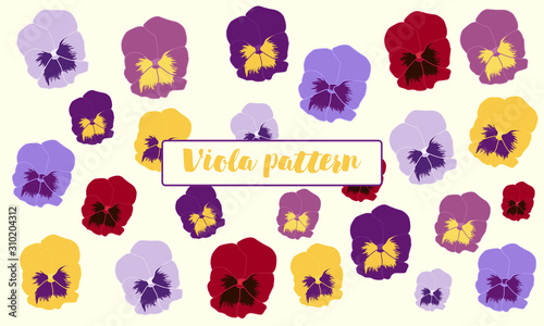 Multi-colored viola flowers on a light background. Vector postcard. The concept of spring, summer, holiday. Yellow, violet, red, blue shades. Stylish pattern for prints.	